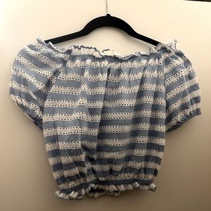 MANGO Offshoulder Crop Top With White and Blue Stripes